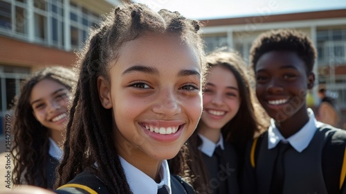 Joyful diverse group of teenagers smiling together outside a school building during a sunny day