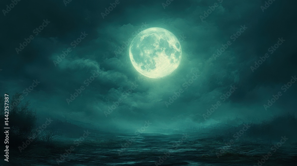 Mystical full moon over foggy landscape with dramatic clouds Mystical full moon over foggy landscape with dramatic clouds