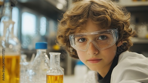 Young Scientist Engaged in Chemical Experimentation in Laboratory Environment with Safety Gear and Focused Expression