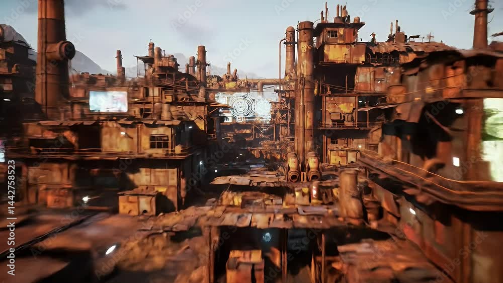 Exploring Decaying Industrial Area with Rusty Structures Panning Shot