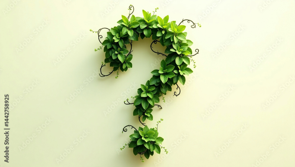 Greenery Enigma: A lush green question mark, artfully crafted from natural foliage, springs forth against a softly shaded wall, an evocative symbol of curiosity, pondering, and intellectual inquiry. Greenery Enigma: A lush green question mark, artfully crafted from natural foliage, springs forth against a softly shaded wall, an evocative symbol of curiosity, pondering, and intellectual inquiry.
