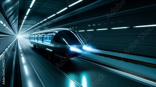 Futuristic train speeding through a tunnel. Smooth repeating motion for background video animation.