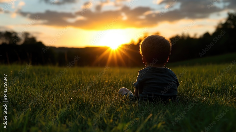 Child watches sunset in a field Child watches sunset in a field