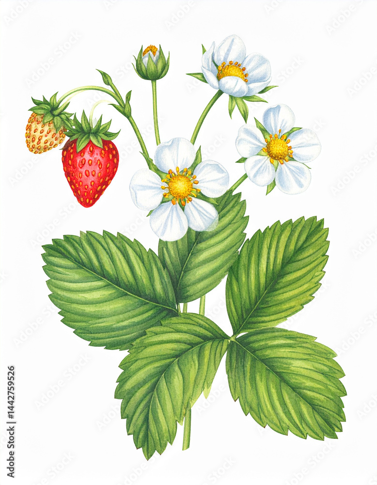 Ilustracja vintage, kwiaty i owoce Poziomki na białym tle. Generative AI