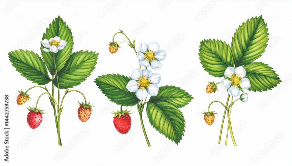 Ilustracja vintage, kwiaty i owoce Poziomki na białym tle. Generative AI