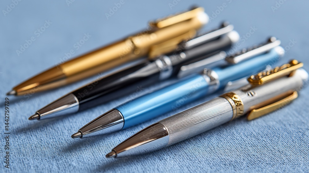 Fototapeta premium Elegant writing instruments resting on blue fabric