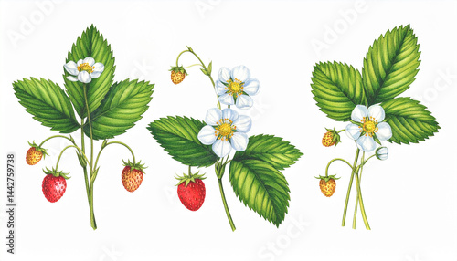 Ilustracja vintage, kwiaty i owoce Poziomki na białym tle. Generative AI