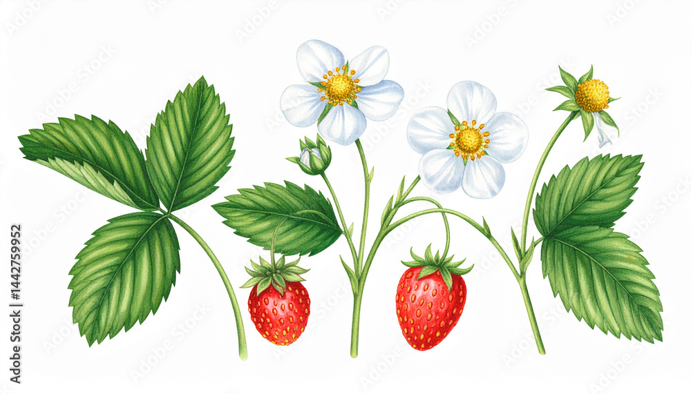 Ilustracja vintage, kwiaty i owoce Poziomki na białym tle. Generative AI