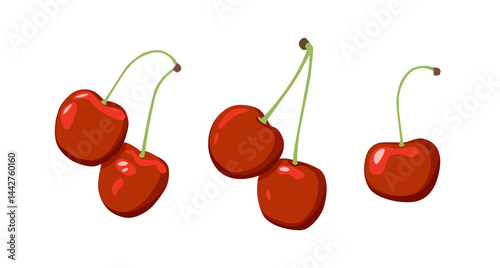Red cherry vector illustration. Cherry with stem modern cartoon illustration in 3D style. Fruit, food icon. Red cherries