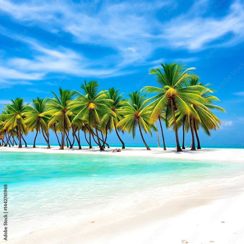 Fototapeta premium A coconut palm tree graces the sandy tropical beach where the turquoise sea meets the island sky
