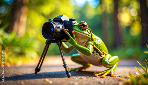 Extreme close-up of a green European tree frog taking a photo with a camera in a blurry outdoor environment in nature. Generative Ai.