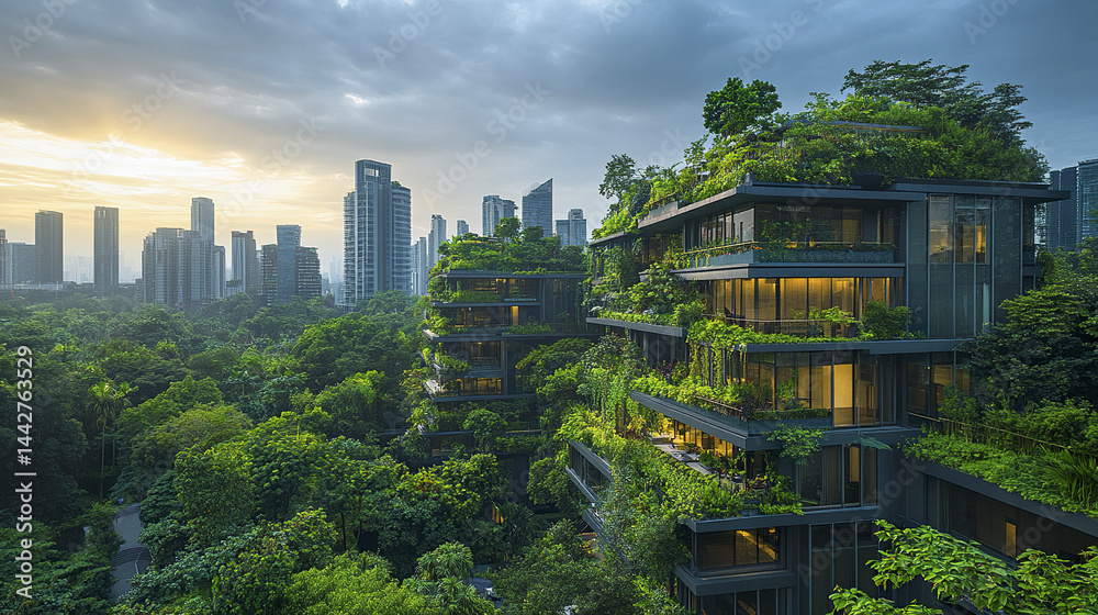 Fototapeta premium Eco friendly cityscape with modern office buildings surrounded by lush greenery and trees