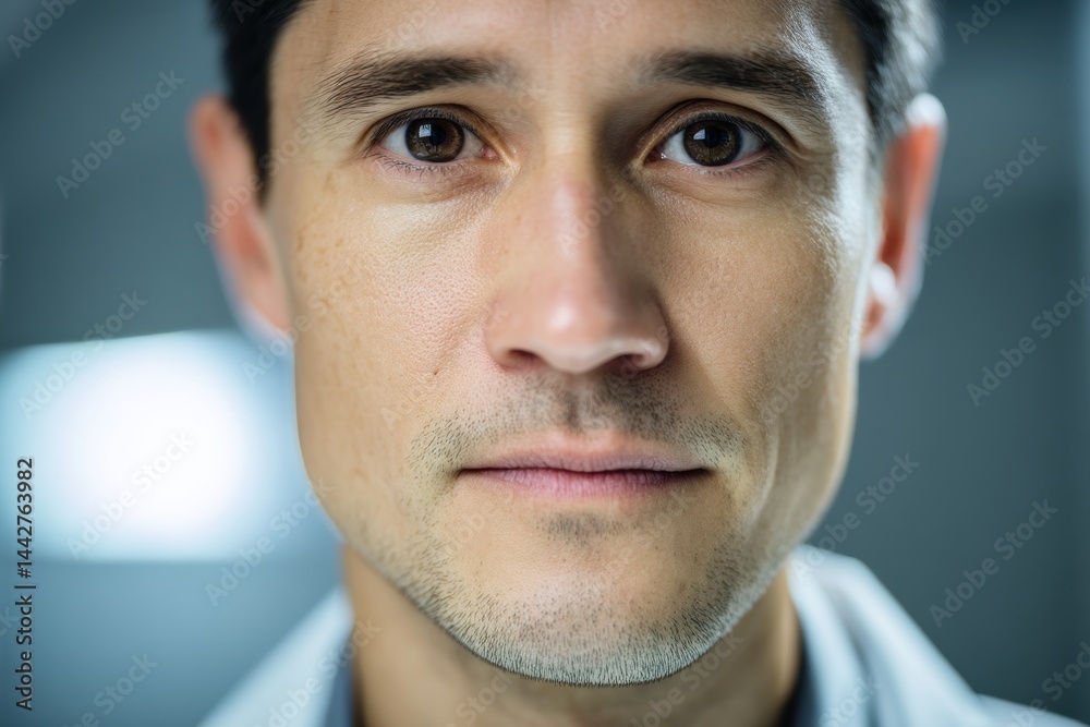 Fototapeta premium Close-up portrait of a person with short dark hair and contemplative expression. Soft lighting highlights facial features and the out-of-focus background enhances the subject's prominence