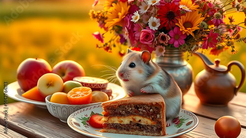 Funny hamster sits in a plate with a pie, on the table, next to a vase of flowers and fruits.
