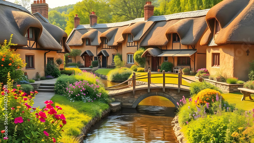 Rural houses, in British style, stand on both sides of a small stream with a stone bridge.