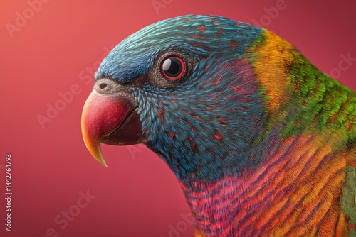 Colorful parrot with vibrant plumage featuring blue, green, and orange hues. The parrot's red eye and yellow-orange beak stand out. It faces left, set against a blurred background
