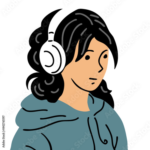 Young brunette teenager girl listening to music on headphones. Head portrait. Songs playlist. Youth culture and lifestyle. Flat vector illustration