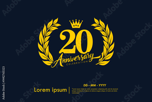 20th years anniversary celebration emblem. yellow anniversary logo isolated with laurel wreath and crown on dark background. vector illustration template design for web, flyers, poster, greeting card