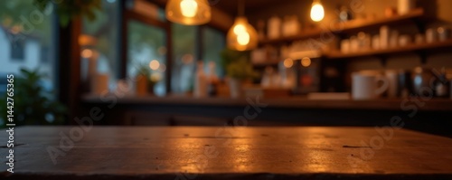 Golden bokeh on dark wood table, dimly lit cafe scene, blur effect, cafe interior, ambient lighting