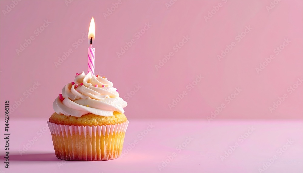 Celebration birthday cupcake with candle pink background food photography festive mood close-up joyful moment Celebration birthday cupcake with candle pink background food photography festive mood close-up joyful moment
