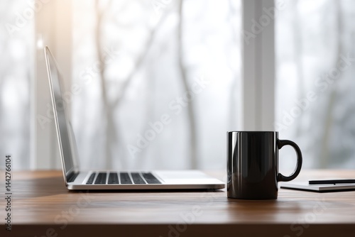 Sleek laptop open on wooden...