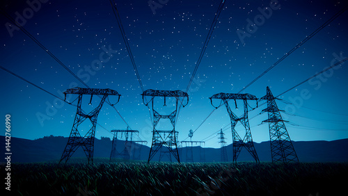 High-voltage power lines at night under starry sky, electricity transmission network, energy infrastructure, power supply system, urban electrification, night grid, utility landscape. Generative Ai