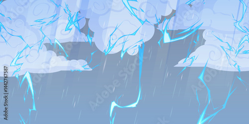 Vector wallpaper of storm clouds with lightning bolts and rain in a dramatic gray sky. Perfect for weather themed designs or dynamic digital backgrounds.