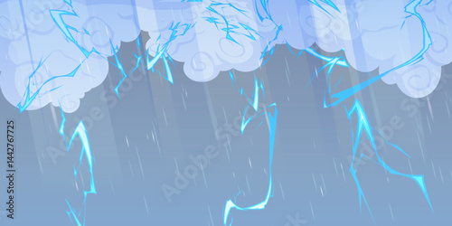 Vector wallpaper of storm clouds with lightning bolts and rain in a dramatic blue sky. Perfect for weather themed designs, comics, or dynamic digital backgrounds.