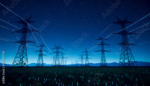 High-voltage power lines at night under starry sky, electricity transmission network, energy infrastructure, power supply system, urban electrification, night grid, utility landscape. Generative Ai