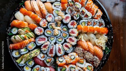 Overhead view of a vibrant sushi platter arranged, showcasing an array of colorful rolls and nigiri adorned with fresh fish, avocado, and colorful ingredients