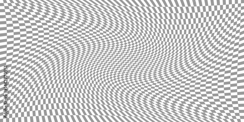 Wavy checkerboard pattern, wavy abstract retro checkerboard background.  Geometric checkerboard illusion. Whimsical square warp psychedelic. Vector illustration.