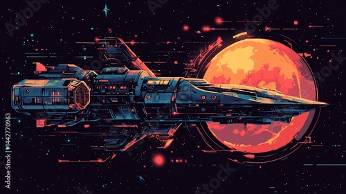 Wallpaper Mural Neon Future Starship Orbiting a Fiery Planet Torontodigital.ca