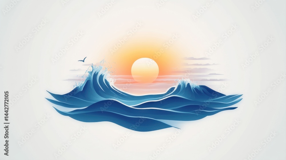 Fototapeta premium Vibrant Ocean Waves Under a Colorful Sunset with Silhouette of a Bird in the Sky