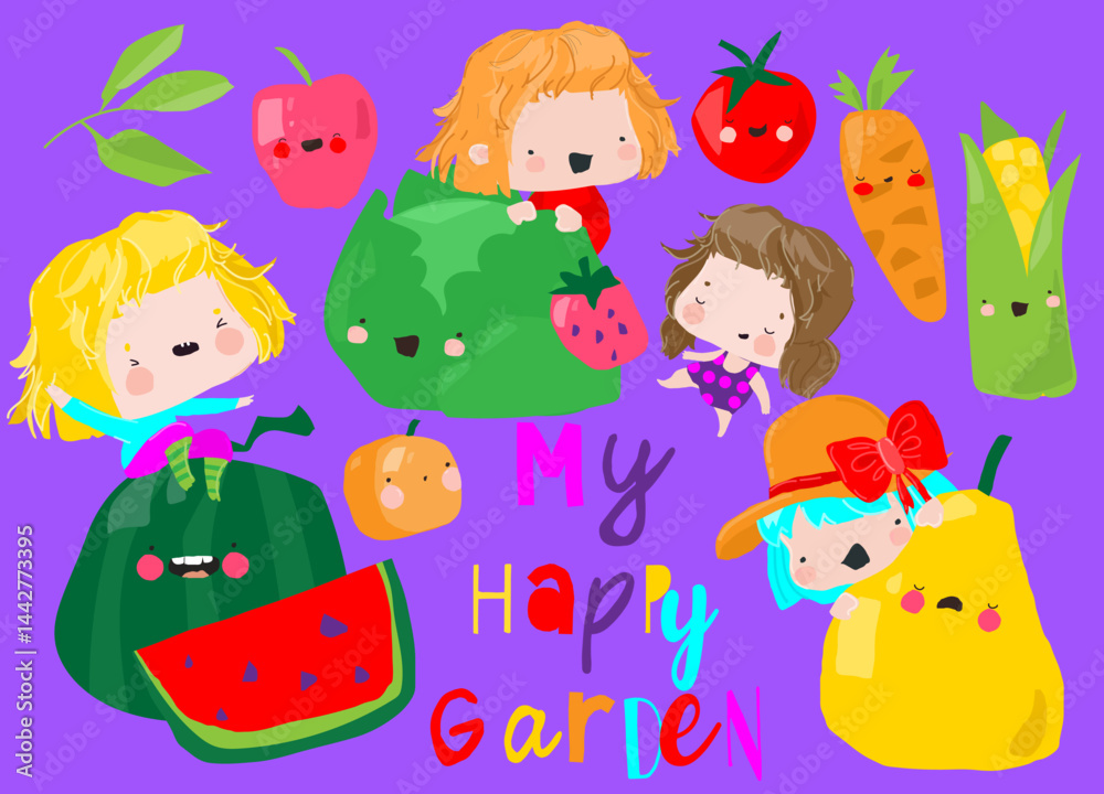 Cute Cartoon Kids standing with Fruits and Vegetables