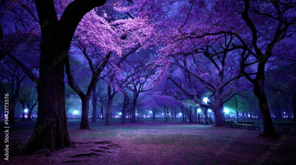 Fototapeta premium Enchanting Night Scene of a Serene Park with Illuminated Purple Cherry Blossoms Under a Starry Sky