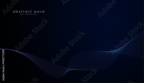 Abstract flowing dot particles light wave pattern halftone. Modern purple and green gradient smooth curve shape isolated on black background.