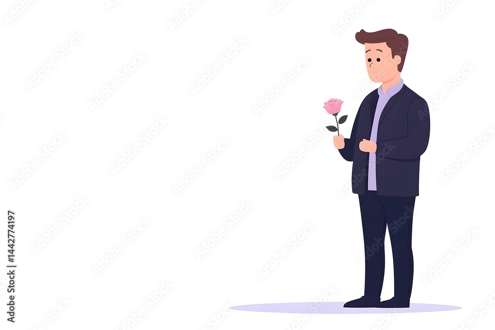 A man in a suit holds a single pink rose, appearing nervous or shy A man in a suit holds a single pink rose, appearing nervous or shy