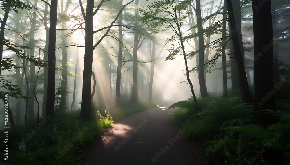 Misty Forest Path with Sunbeams