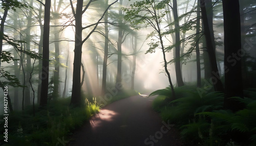 Obraz na płótnie Misty Forest Path with Sunbeams w salonie