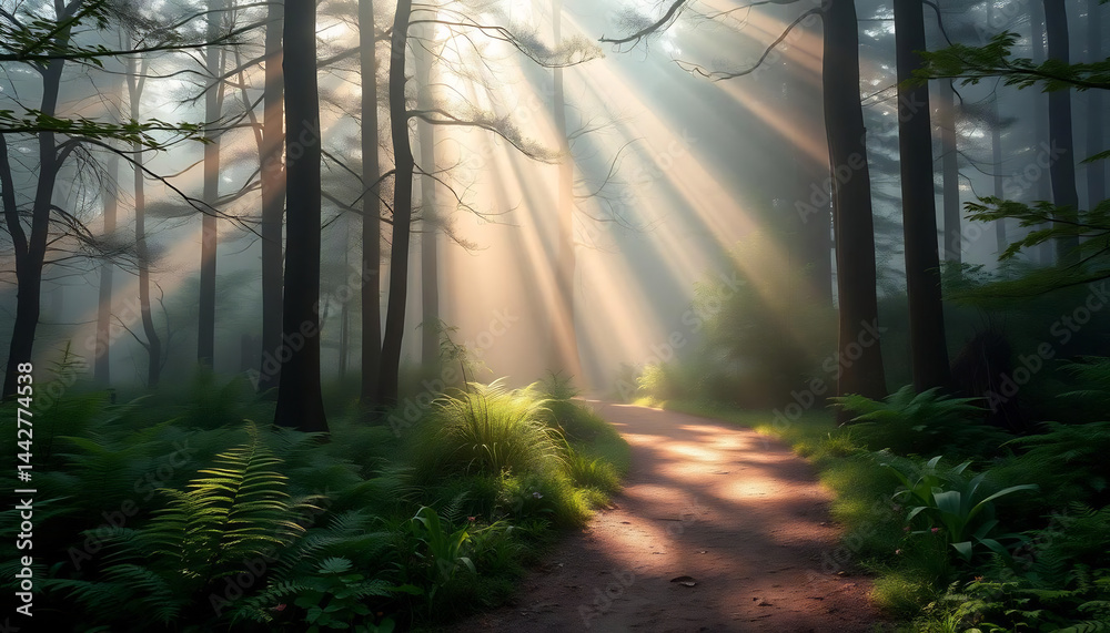Misty Forest Path with Sunbeams