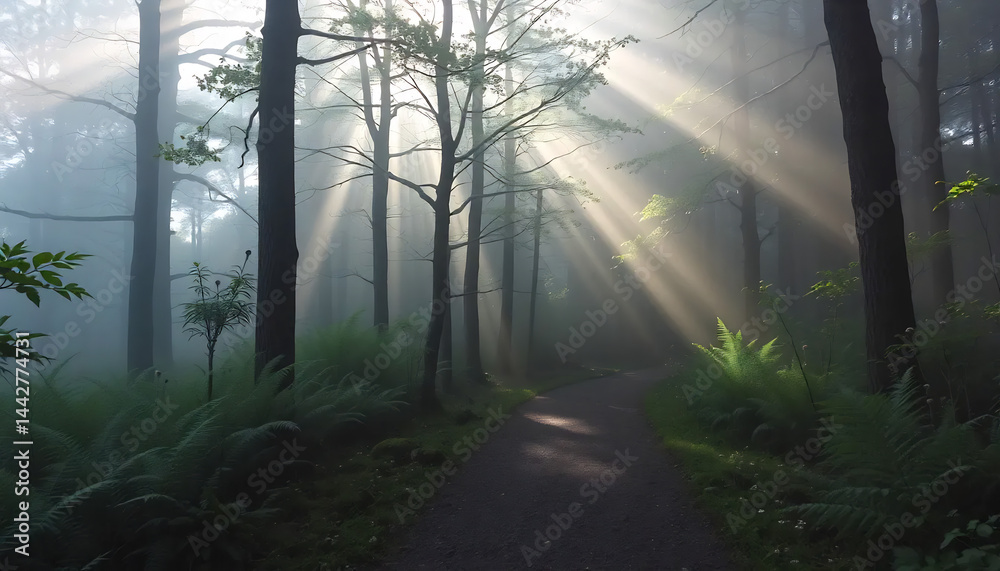 Misty Forest Path with Sunbeams
