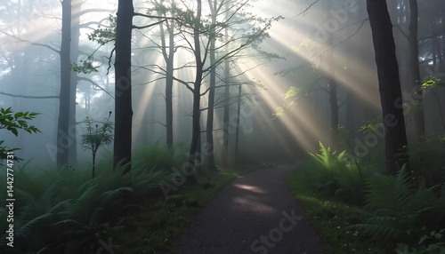 Obraz na płótnie Misty Forest Path with Sunbeams w salonie