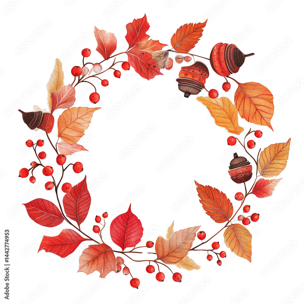 Fototapeta premium Charming wreath of red-orange autumn leaves, rustic wreath of red, orange and brown autumn leaves, warm autumn leaf and berry wreath, wreath made of autumn leaves, on a transparent backgrounds