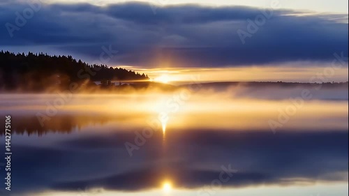 Misty Sunrise Over Calm Lake with Golden Reflection