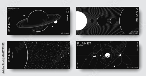 Set of abstract space astronomy horizontal backgrounds. Linear simple galaxy, planet, solar system. Black and white science future concept. Minimal design for cover, poster, banner, flyer, brochure