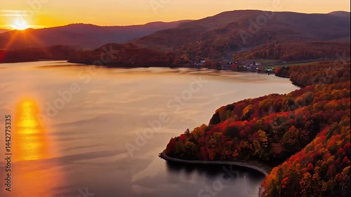 Autumn Sunset Over Lake and Mountains