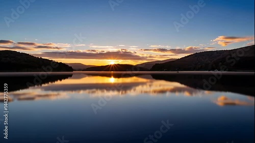 Serene Sunset Over Calm Lake and Mountains