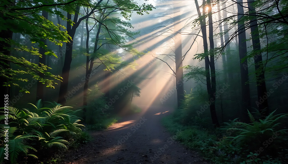 Misty Forest Path with Sunbeams