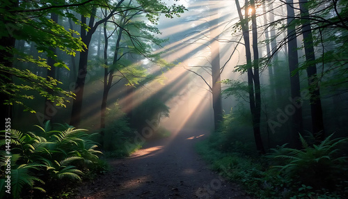 Obraz na płótnie Misty Forest Path with Sunbeams w salonie