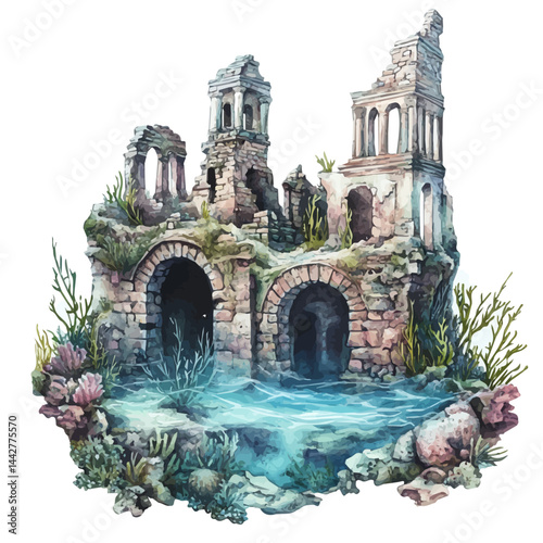ancient ruins at the ocean floor, watercolor drawing, isolated on a white background. ancient ruins at the ocean floor vector.